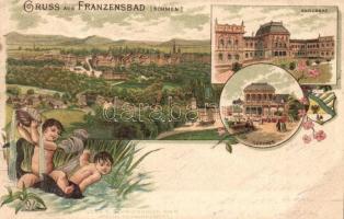 1899 Frantiskovy Lazne, Franzensbad; Kurhaus, Kaiserbad / spa, Lesk & Schwidernoch floral litho (EK)