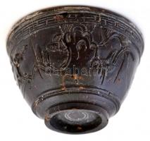 Antik kínai csésze, faragott kókuszhéj borítással, ezüst (Ag.0.500 alatti)  betéttel, jelzés nélkül,...