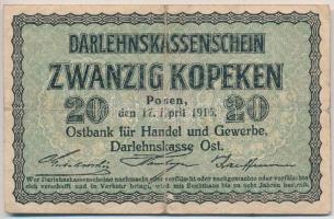 Litvánia / Német megszállás / Darlehnskasse Ost, Posen 1916. 20k T:III,III- Lithuania / German occupation / Darlehnskasse Ost, Posen 1916. 20 Kopeks  C:F,VG Krause R120