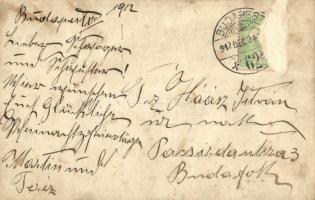 1912 Budapest, Meder Márton Vendéglője a Törvényszékhez, csoportkép kerékpárossal, photo (fa)