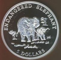 Libéria 2000. 5$ Ag "Elefánt" T:PP