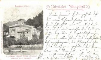 Vihnyefürdő, Vyhnye; Gecsányi villa, reklámlap. Joerges A. özvegye és fia / villa advertisement (kis szakadások / small tears)