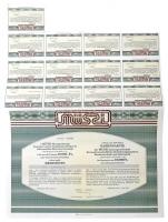 Budapest 1991."MÜSZI Mezőgazdasági Üzemszervezési, Számítástechnikai és Informatikai Részvénytársaság" részvénye 10.000Ft értékben, szelvényekkel és aláírt forgatmánnyal