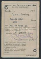 1934 Budapest, a Magyar Úszó Szövetség fényképes tagsági  igazolványa kedvezményes uszodai belépővel