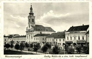 Máramarossziget, Sighetu Marmatiei; Horthy Miklós tér, római katolikus templom, Wizner Dávid üzlete / square, church, shop (EK)