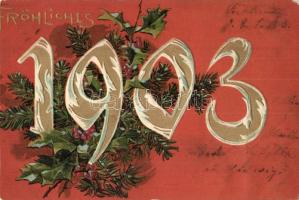 2 db RÉGI újévi üdvözlőlap, egy osztrák és egy magyar, dombornyomott és aranyozott mintákkal / 2 pre...