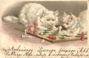 Cats playing with chess, Theo. Stroefen Kunstverlag Serie V. No. 606. litho (r)