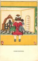 Babaszoba Egy jó kislány viselt dolgai képeslap sorozat / Hungarian art postcard s: Kozma Lajos