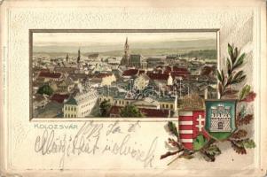 Kolozsvár, Cluj; Látkép, címer, kiadja Boskovitz Lajos / general view, coat of arms, Emb. litho (kopott sarkak / worn corners)