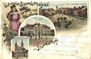 1899 Szombathely Fő tér, Vármegyeháza, Székesegyház, floral, Art Nouveau Regel &amp; Krug litho