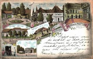 1899 Pöstyén, Pistany, Pistyan; fürdők, szálloda, gyógyterem, terem belső, színház, Parkvilla / spas, hotel, theatre, interior, villa. floral Art Nouveau litho