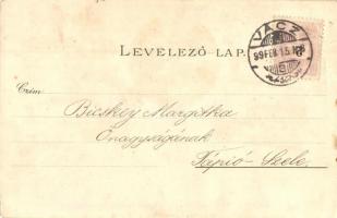 1899 Vác, Főpiac, Barátok temploma, Honvéd szobor, Kőkapu, leányiskola, floral, Ottmar Zieher litho ...