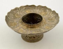 Tibeti ezüst (Ag. 50% alatti ezüst tartalommal)  fedeles fűszertartó, Buddhista szimbólumokkal, tréb...