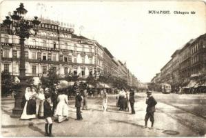 Budapest VI. Oktogon, villamos, zeneiskola, Altenburger János, Bass Sarolta üzletei (kopott sarkak / worn corners)