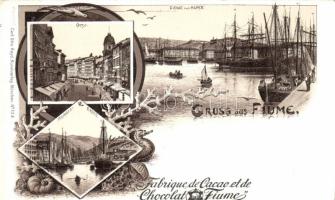 Fiume, Corso, Hafen, Fiumara Brücke / street view, port, bridge; Fabrique de Cacao et de Chocolat Fiume advertisement. Carl Otto Hayd Kunstverlag Art Nouveau litho