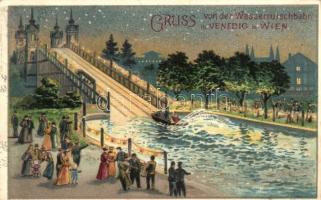 1899 Vienna, Wien; Wasserrutschbahn in Venedig / amusement park at night, waterslide, Kosmos Kunstanstalt litho