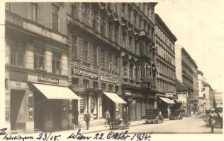 1934 Vienna, Wien VII. Neustiftgasse, Erste Wiener Feinputzerei, Delikatessen, / street view, shops of Johann Binder and Paul Keglevich, automobiles, photo