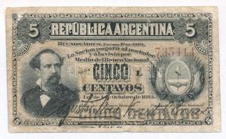 Argentína 1884 (1883). 5c elcsúszott hátlapi nyomat T:III- tűly. Argentina 1884 (1883). 5 Centavos shifted back print C:VG needle hole Krause 5