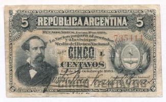 Argentína 1884 (1883). 5c elcsúszott hátlapi nyomat T:III- tűly.
Argentina 1884 (1883). 5 Centavos ...