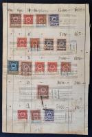 cca 1924 Forgalmi adó ellenőri papír, 30 db forgalmi adó és 9 db értékpapír forgalmi adó bélyegeggel