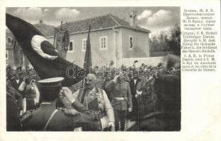 Cetinje, Cettigne; Nikola I Petrovic-Njegos hands over the Turkish flag and the keys of the Scutari fort to Danilo, Crown Prince of Montenegro. Editeur N. Knejevitch