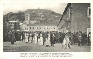 Cetinje, Cettigne; Return from the church, Queen Milena Vukotic and the princesses with the wounded soldiers. Editeur N. Knejevitch