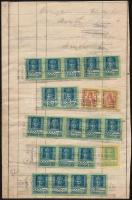 cca 1926-27 Forgalmi adó ellenőri papír, 48 db forgalmi adó bélyeggel