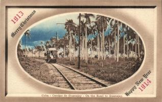 1914 Cuba, Camino de Guanajay / On the road to Guanajay, railway, train, New Year greeting postcard
