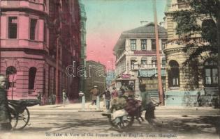 Shanghai, To take a view of the France Town at English Town / street view with rickshaw and tram, shop of Hrischbrunner