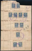 cca 1921 Forgalmi adó ellenőri papír, Debrecen, 19 db értékpapír forgalmi adó bélyeggel, kisebb hián...