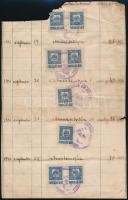 cca 1921 Forgalmi adó ellenőri papír, Debrecen, 19 db értékpapír forgalmi adó bélyeggel, kisebb hián...