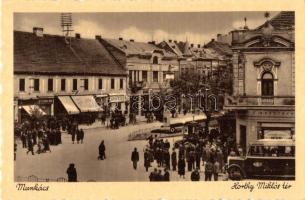 Munkács, Munkacheve; Horthy Miklós tér, Mávaut autóbusz, textília üzlet / square, autobus, cloth shop