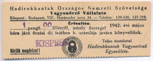 Kispest 1942. 1P értesítés "Hadirokkantak Országos Nemzeti Szövetsége Vagyonőrző Vállalata" T:I-