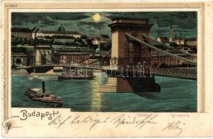 Budapest, Lánchíd, gőzhajók, este, Regel & Krug No. 1884. litho