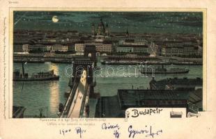 Budapest, Lánchíd, bazilika, látkép, gőzhajók, este, Regel & Krug No. 1895. litho (EK)