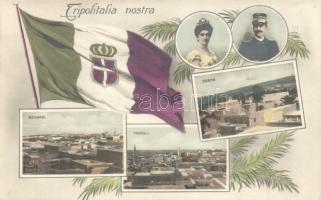 Tripoli, Tripolitalia nostra; Derna Tripoli, Bengasi, flag. Victor Emmanuel III of Italy and Elena of Montenegro / Italian propaganda card of the Italian colonization of Libya