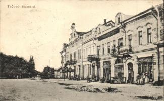 Técső, Tacovo; Fő utca, Kereskedelmi Bank, Katz Leopold üzlete. Szabó Lipót kiadása / Hlavna ul. / main street, bank, shops