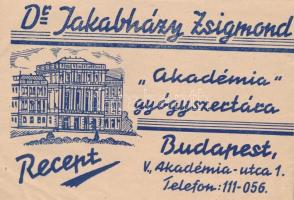 cca 1930 Dr. Jakabházy Zsigmond Akadémia gyógyszertára, Budapest Akadémia utca 1. papír receptboríték