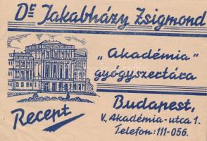 cca 1930 Dr. Jakabházy Zsigmond &quot;Akadémia&quot; gyógyszertára, Budapest Akadémia utca 1. papír receptboríték