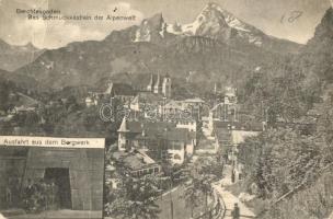 Berchtesgaden, das Schmuckkästlein der Alpenwelt, Ausfahrt aus dem Bergwerk / general view, mine exit, dutch hair water advertisement on the backside (EB)