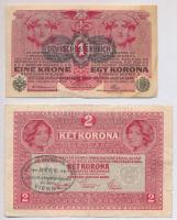 1916. 1K + 1917. 2K mindkettő Deutschösterreich felülbélyegzéssel és hamis A Magyarországi Tanácsköztársaság követsége - Bécs bélyegzésekkel (fake overprint) T:III kis szakadás