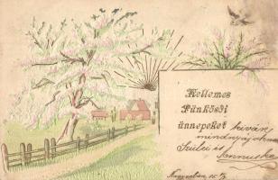 'Kellemes Pünkösdi Ünnepeket' / Pentecost greeting card, golden decorated Emb. litho (ázott / wet damage)