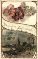 'Herzlichen Glückwunsch' / greeting card, golden decorated Emb. litho (b)
