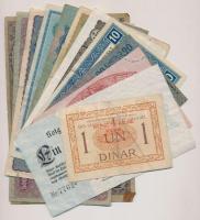 12db-os vegyes magyar és külföldi bankjegy, közte Ausztria / Osztrák-Magyar Bank 1922. 5000K, Szerb-Horvát-Szlovén Királyság 1919. 1D "4K" felülbélyegzéssel T:III,III-,IV ly., ragasztás 129cs of various banknotes including Austria / Österreichisch-Ungarische Bank 1922. 5000 Kronen, Kingdom of the Serbs, Croats and Slovenes 1919. 1 Dinar with "4 Kronen" overprint C:F,VG,G hole, sticked