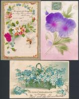 3 db RÉGI virágos üdvözlőlap, dombornyomott és litho darabok / 3 pre-1945 floral greeting cards, Emb. and litho flowers