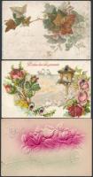 3 db RÉGI virágos üdvözlőlap, dombornyomott és litho darabok / 3 pre-1945 floral greeting cards, Emb. and litho flowers