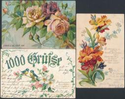 3 db RÉGI virágos üdvözlőlap, dombornyomott és litho darabok / 3 pre-1945 floral greeting cards, Emb. and litho flowers