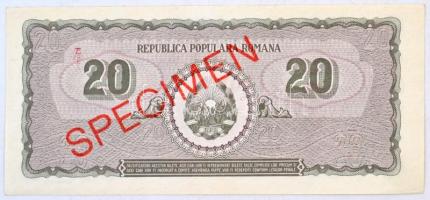 Románia 1950. 20L "SPECIMEN" felülnyomással és "0000000" sorszámmal T:I,I-
Roma...