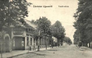 Budapest IV. Újpest, Vasút utca, Horváth Imre vendéglője, villamos. Weisz Berthold kiadása (EK)