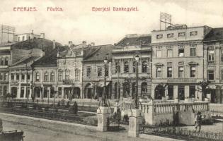 Eperjes, Presov; Fő utca, Bankegylet, Központi Kávéház, Kosch Árpád üzlete. Divald Károly fia / main street, bank society, cafe, shop